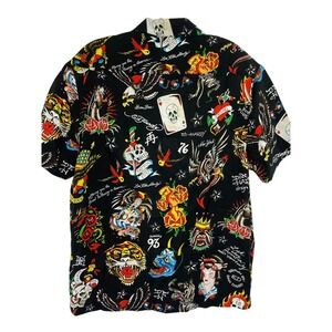 Ed Hardy Black Tattoo Art Mens Sz Medium Button Up Shirt (L16) NWTs